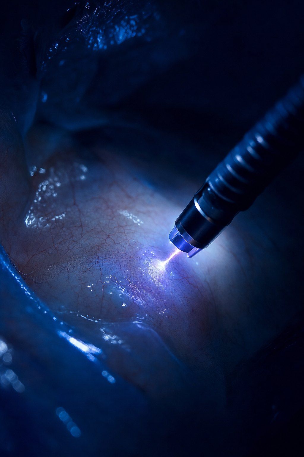 Ponta do cateter de plasma de argônio emitindo luz azul sobre a mucosa, vista pelo endoscópio