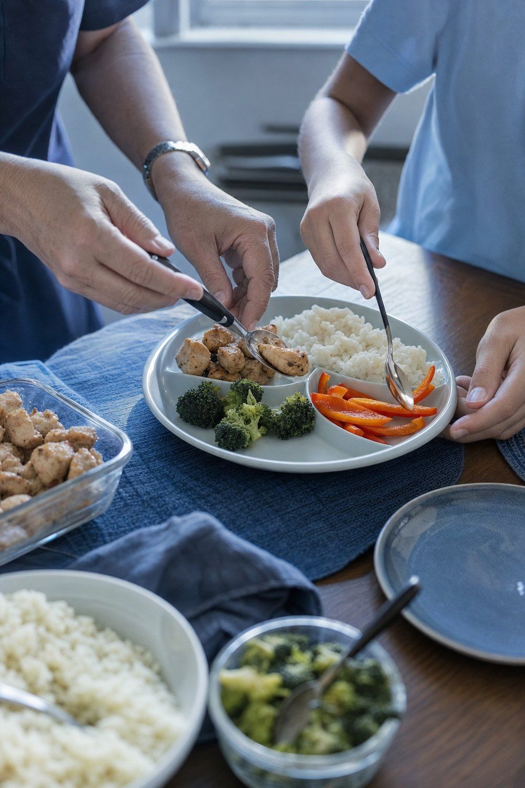 Mãos de um adolescente e de um adulto montando juntos um prato com divisórias, cada alimento no seu espaço