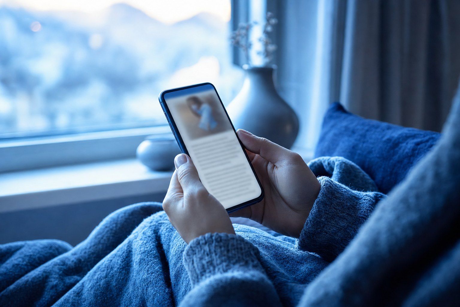 Mãos segurando um celular com um artigo de saúde aberto, perto da janela