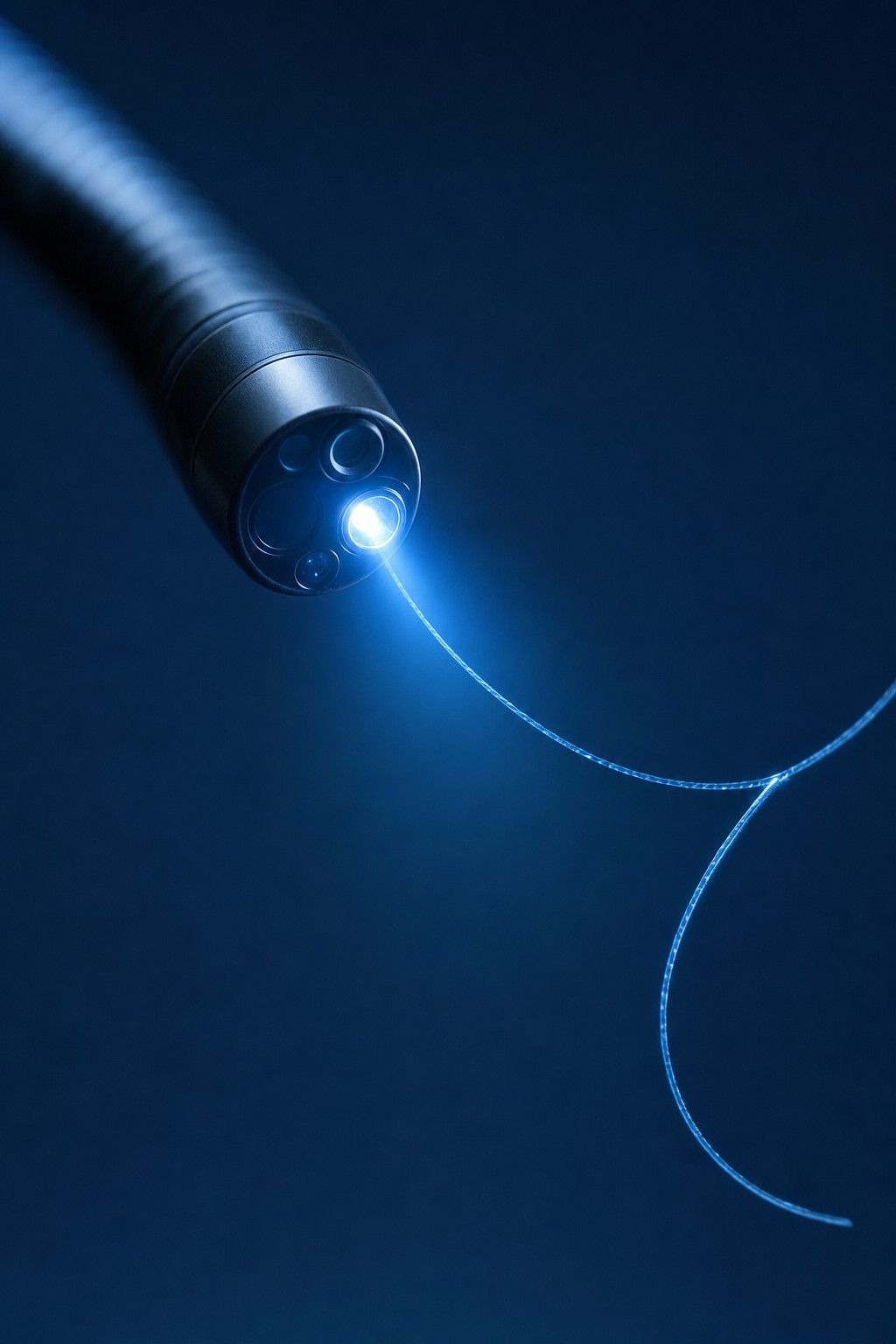 Ponta de um endoscópio emitindo luz azul, com um fio de sutura