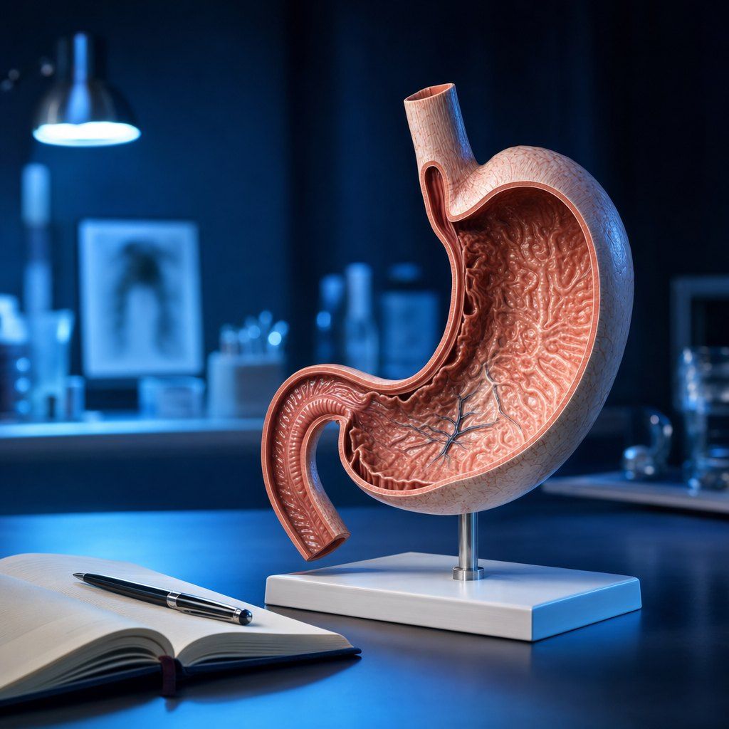 Modelo anatômico do estômago sobre a mesa do consultório, ao lado de um caderno