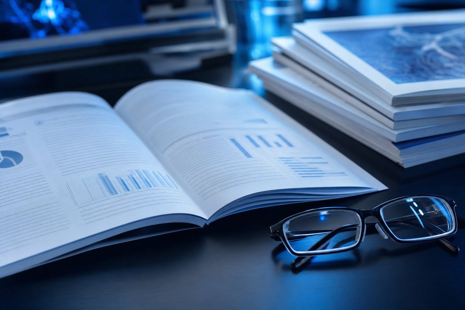 Revistas científicas impressas sobre uma mesa, uma delas aberta em gráficos, com óculos de leitura